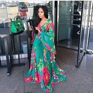 Green floral chiffon summer styled dress.