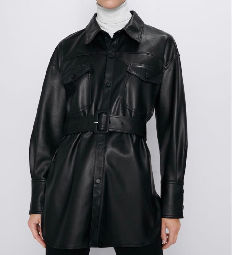 PU leather Turndown collar coat
