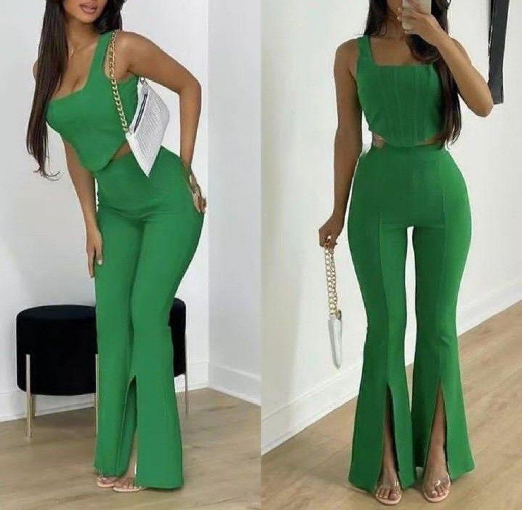 Slit pants and top two piece set.
