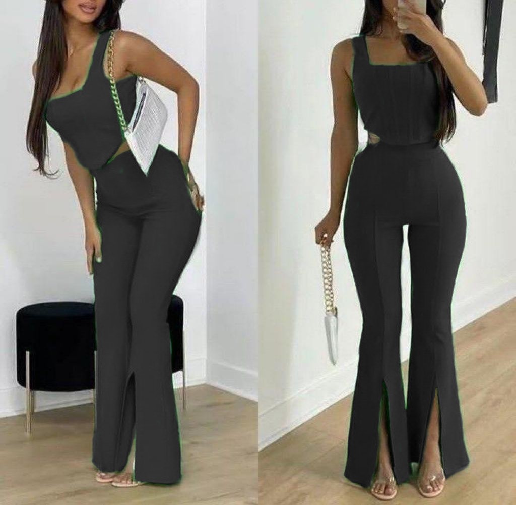 Slit pants and top two piece set.