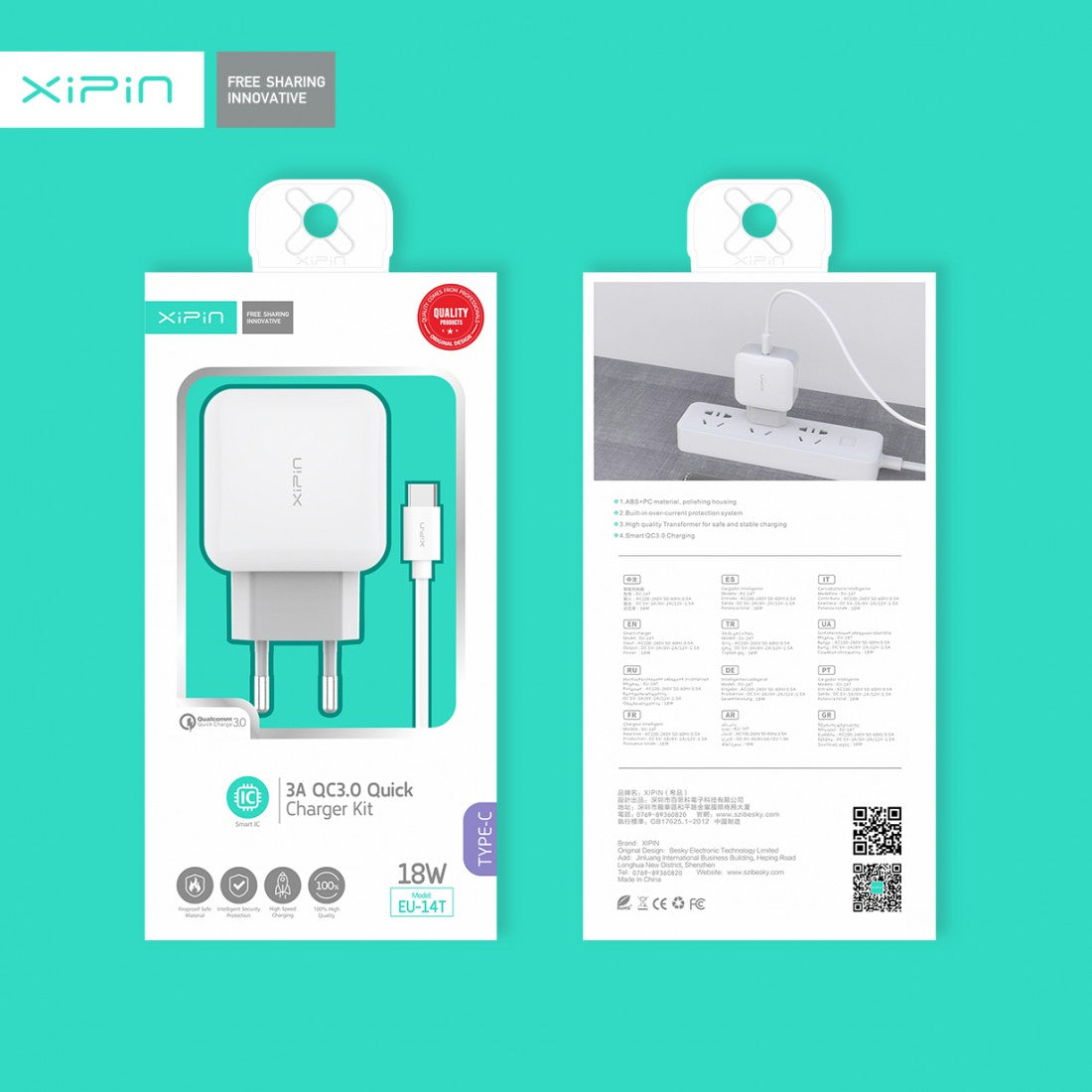 Charging adapter Xipin eu-14t type C 18w 3.0 quick charger kit