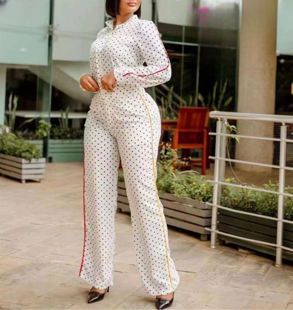 Polka dot pants and shirt two piece set.
