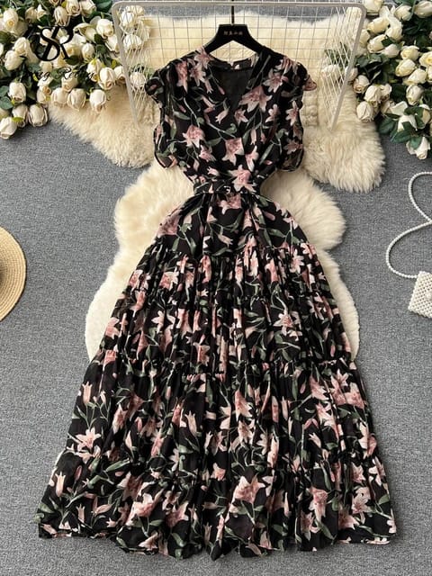 Chiffon belted floral dress