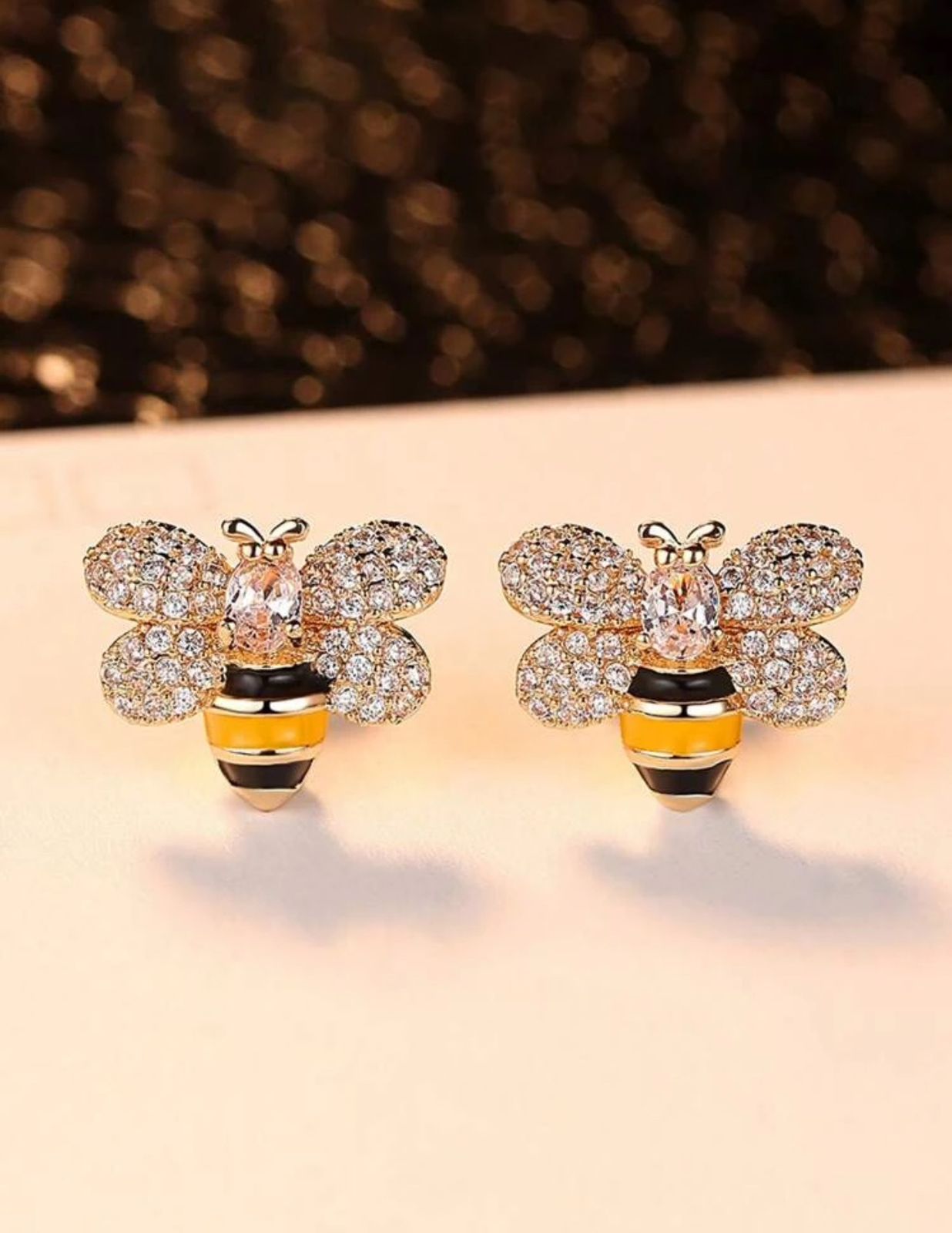 1pair Glamorous Stainless Steel Cubic Zirconia Bee Stud Earrings For Women For Party