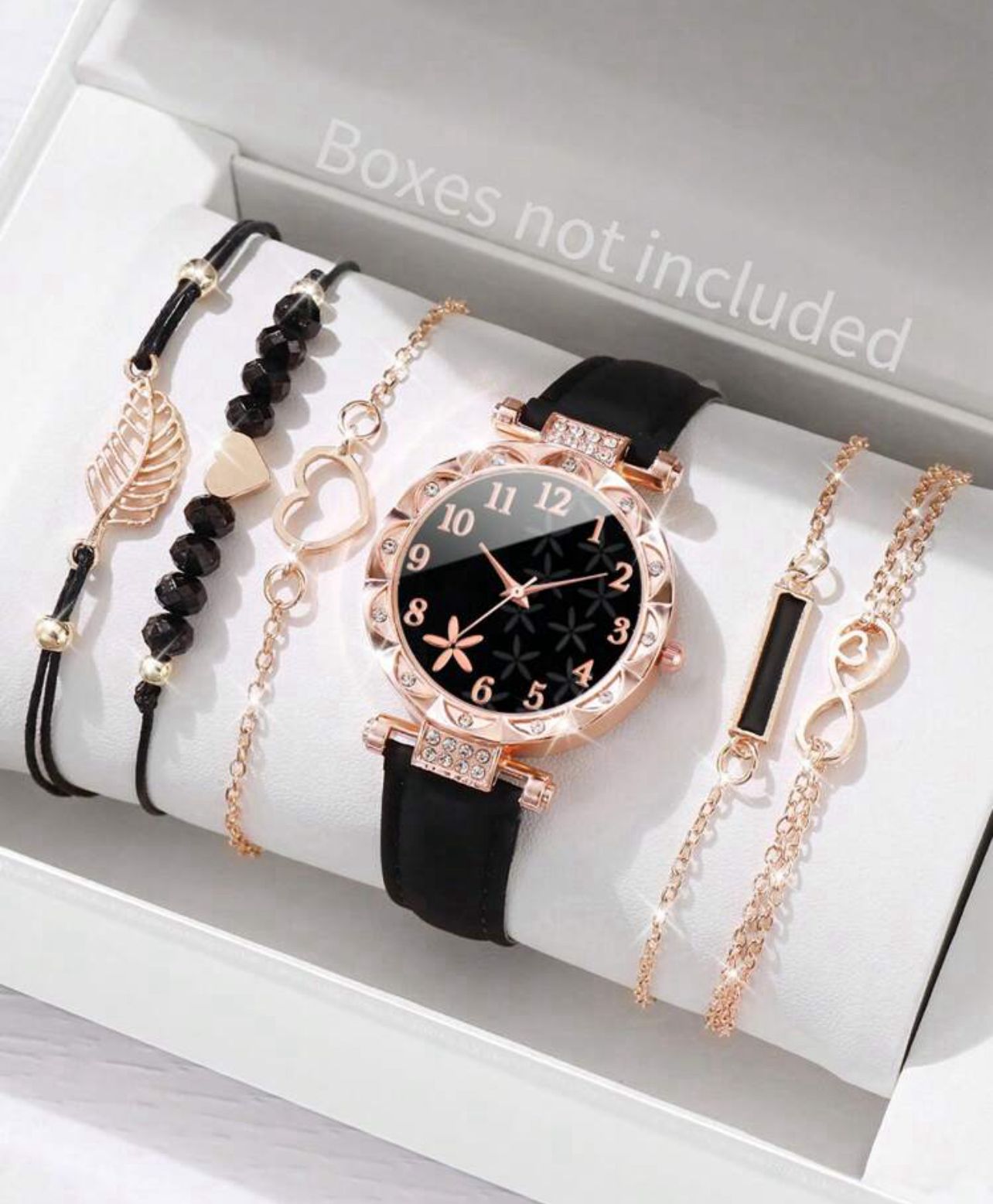 Pu Leather Strap Quartz Wristwatch & Bracelet With Rhinestone Petal Design Dial (6pcs/