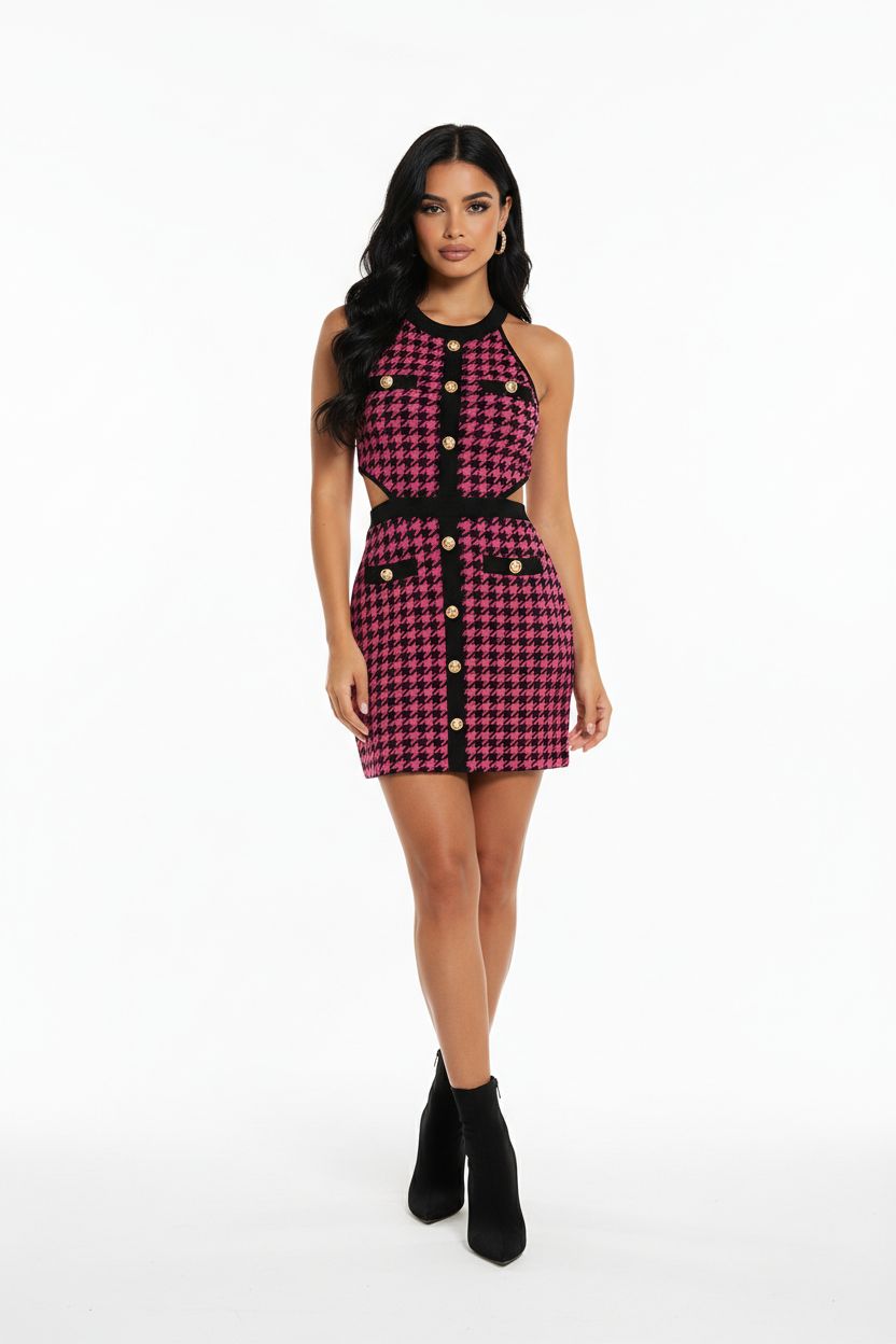 pink black houndstooth knit dress