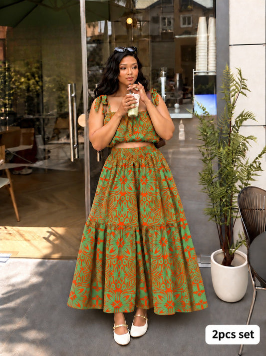 GREEN LEAFY CROP TOP TWO PIECE