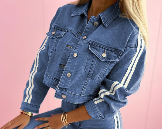 cropped denim jacket with white strips on the sides
