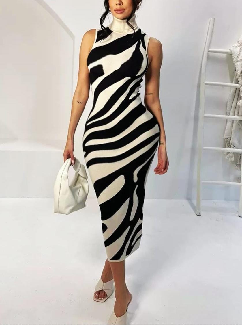 high neck strip bodycon dress