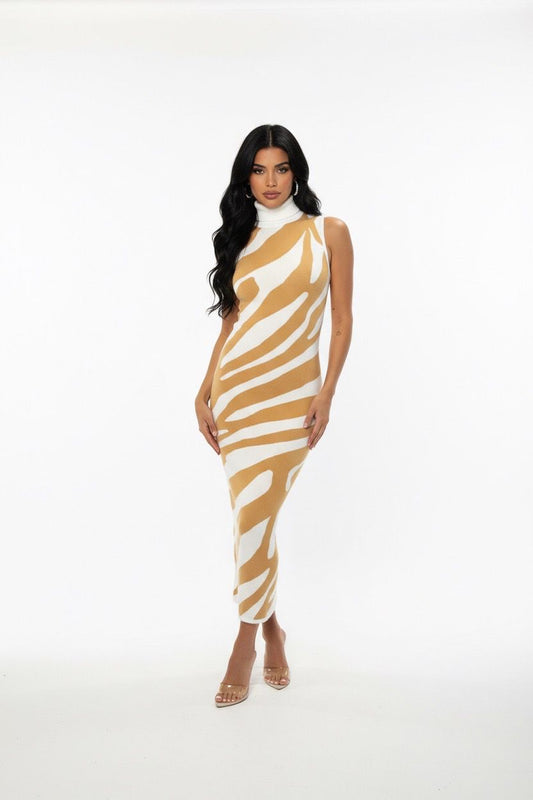 high neck strip bodycon dress