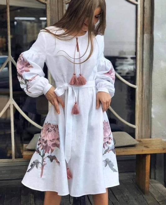 Tassel tie long sleeve midi dress