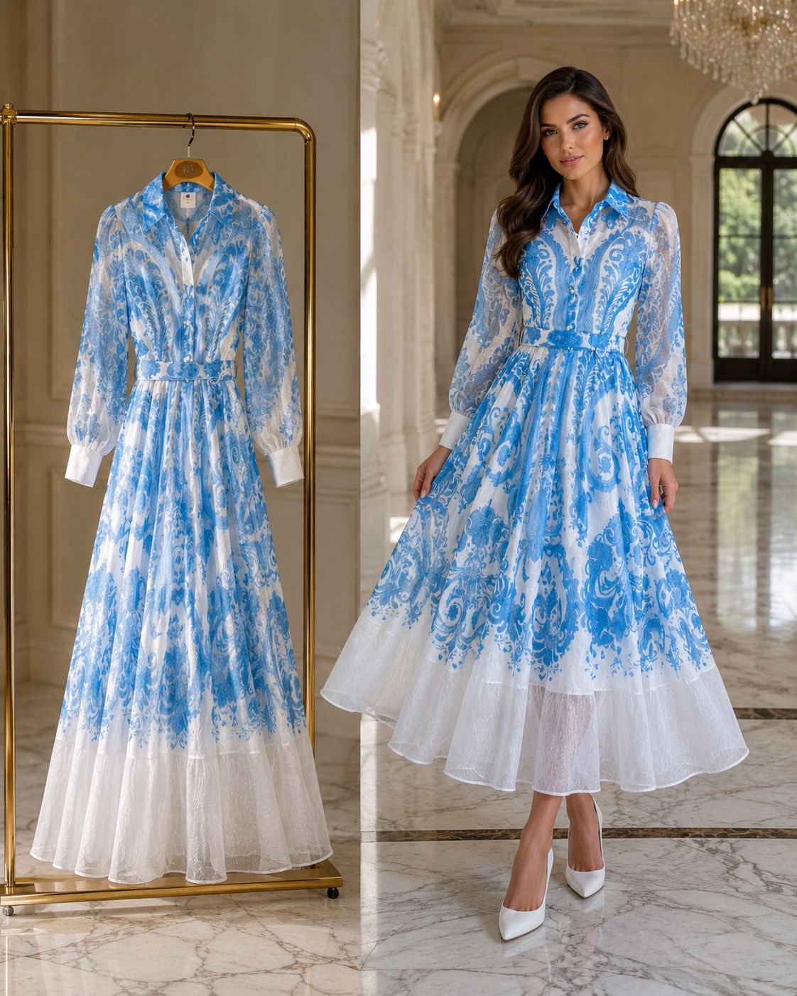 Flare light dress with long sleeves