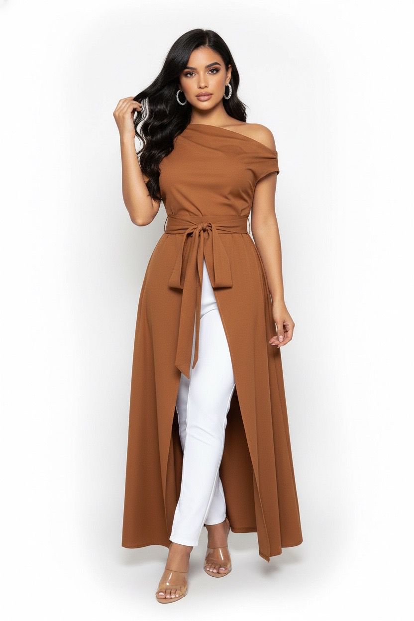 Rust open front 0ff shoulder dress