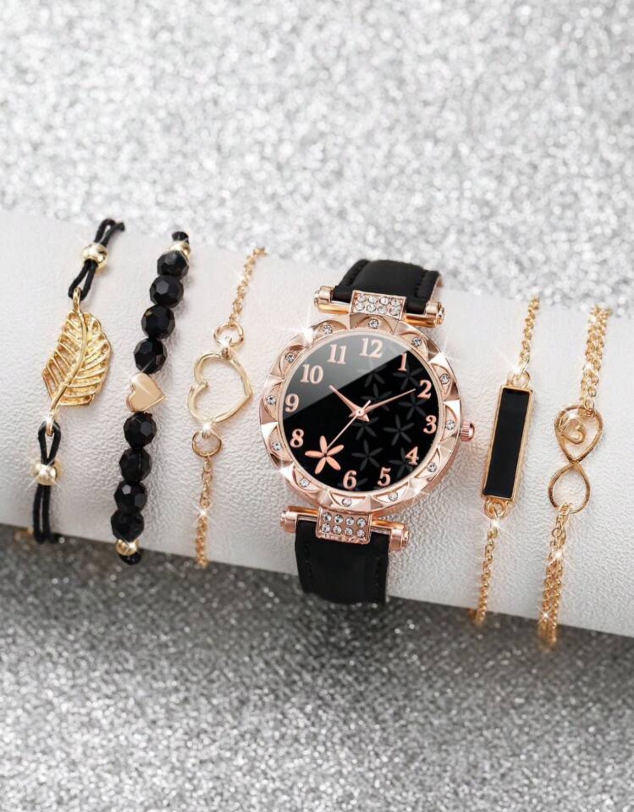 Pu Leather Strap Quartz Wristwatch & Bracelet With Rhinestone Petal Design Dial (6pcs/