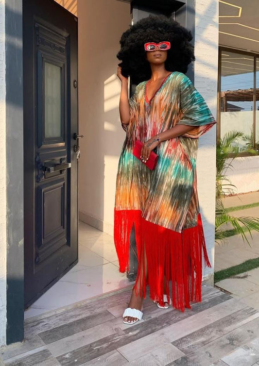 colorful dress with a v neck and half flare shoulders