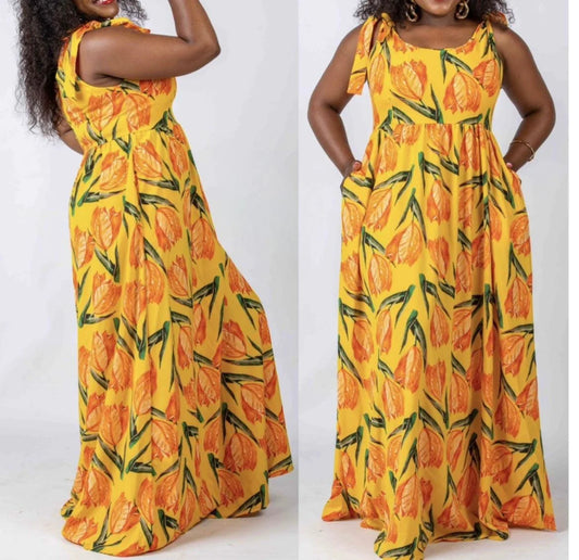 Yellow leaf flowy dress