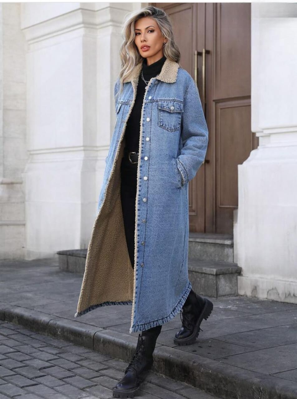 full length denim jacket with fluff inside