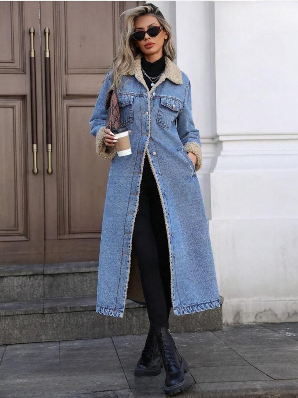 full length denim jacket with fluff inside