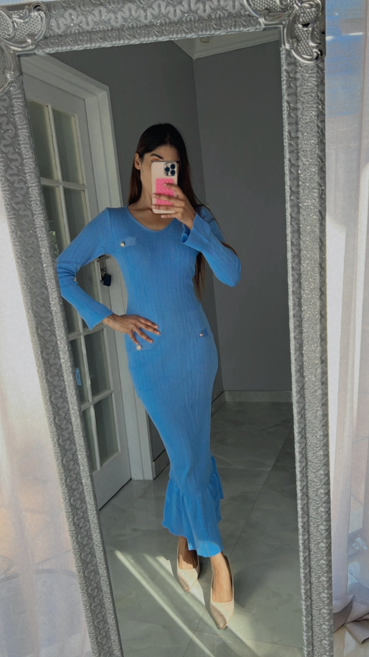 knit strips button dress
