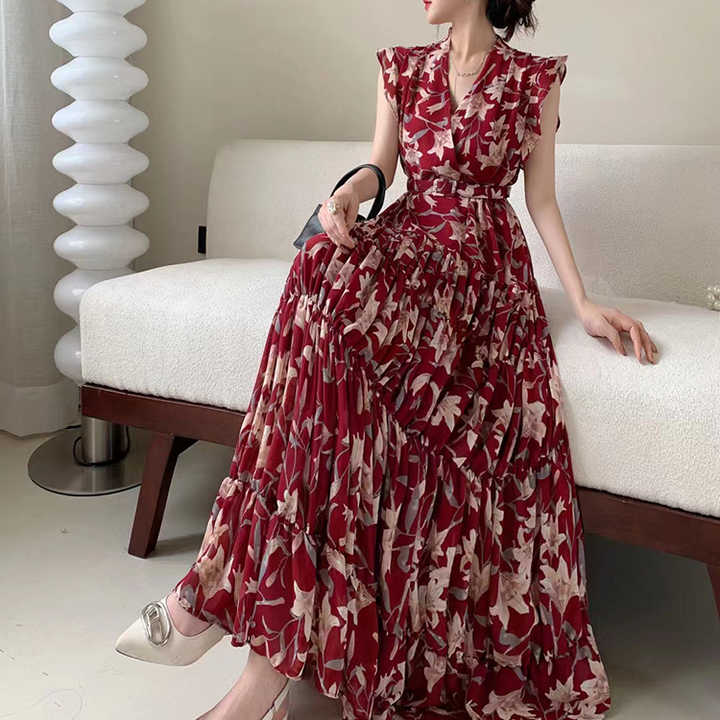 Chiffon belted floral dress