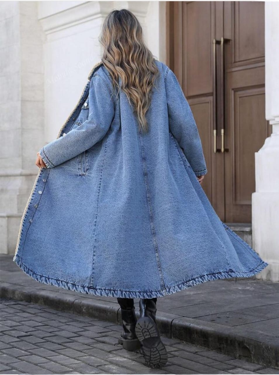 full length denim jacket with fluff inside