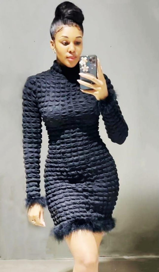 3D Fur trim midi dress