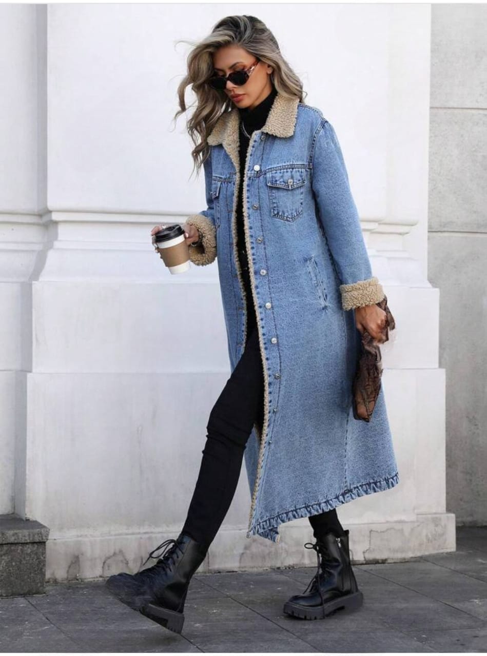 full length denim jacket with fluff inside