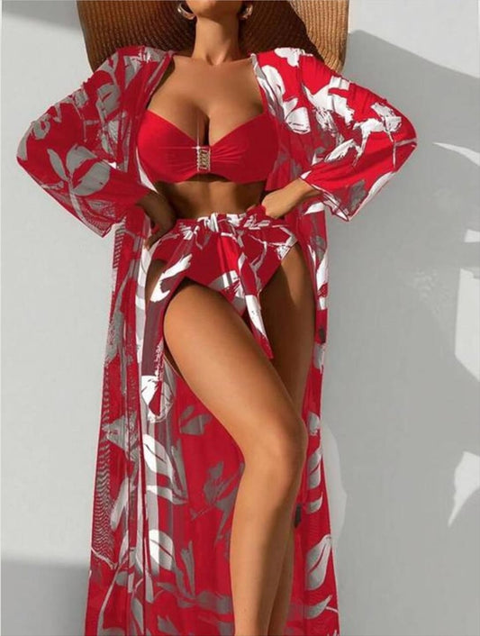 Red & white 3pc swimwear