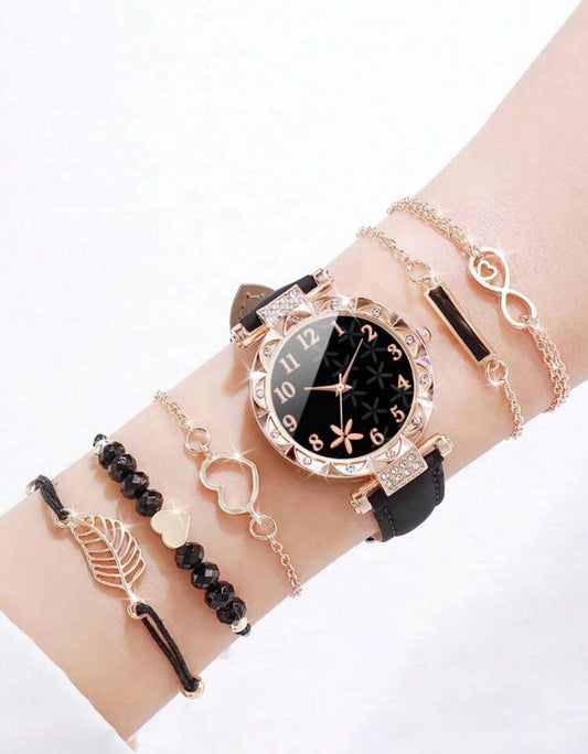 Pu Leather Strap Quartz Wristwatch & Bracelet With Rhinestone Petal Design Dial (6pcs/