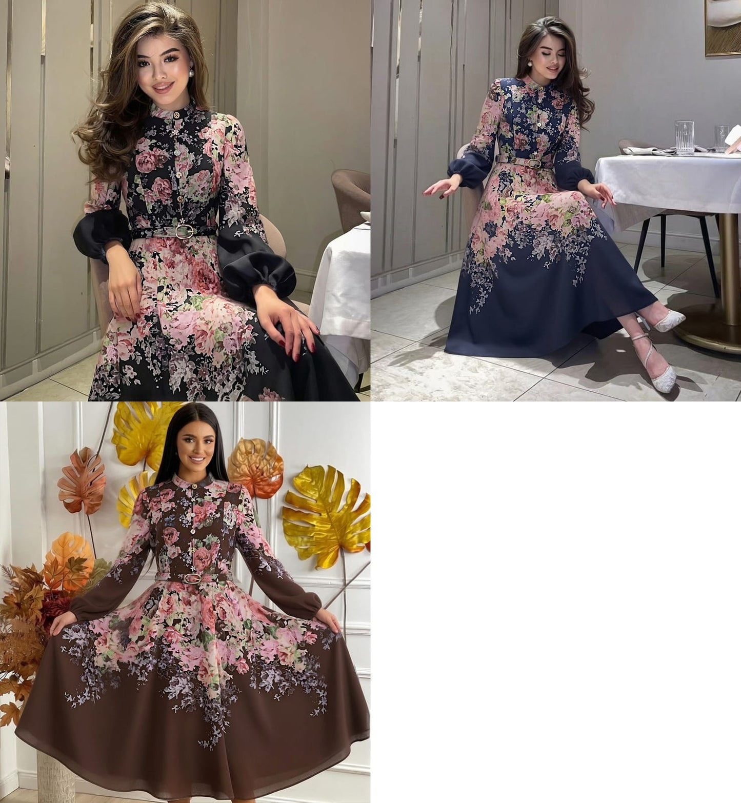 Floral long sleeves flare dress