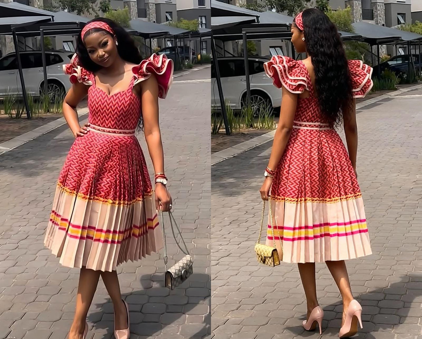 african print pleated bottom stylish shoulders dress
