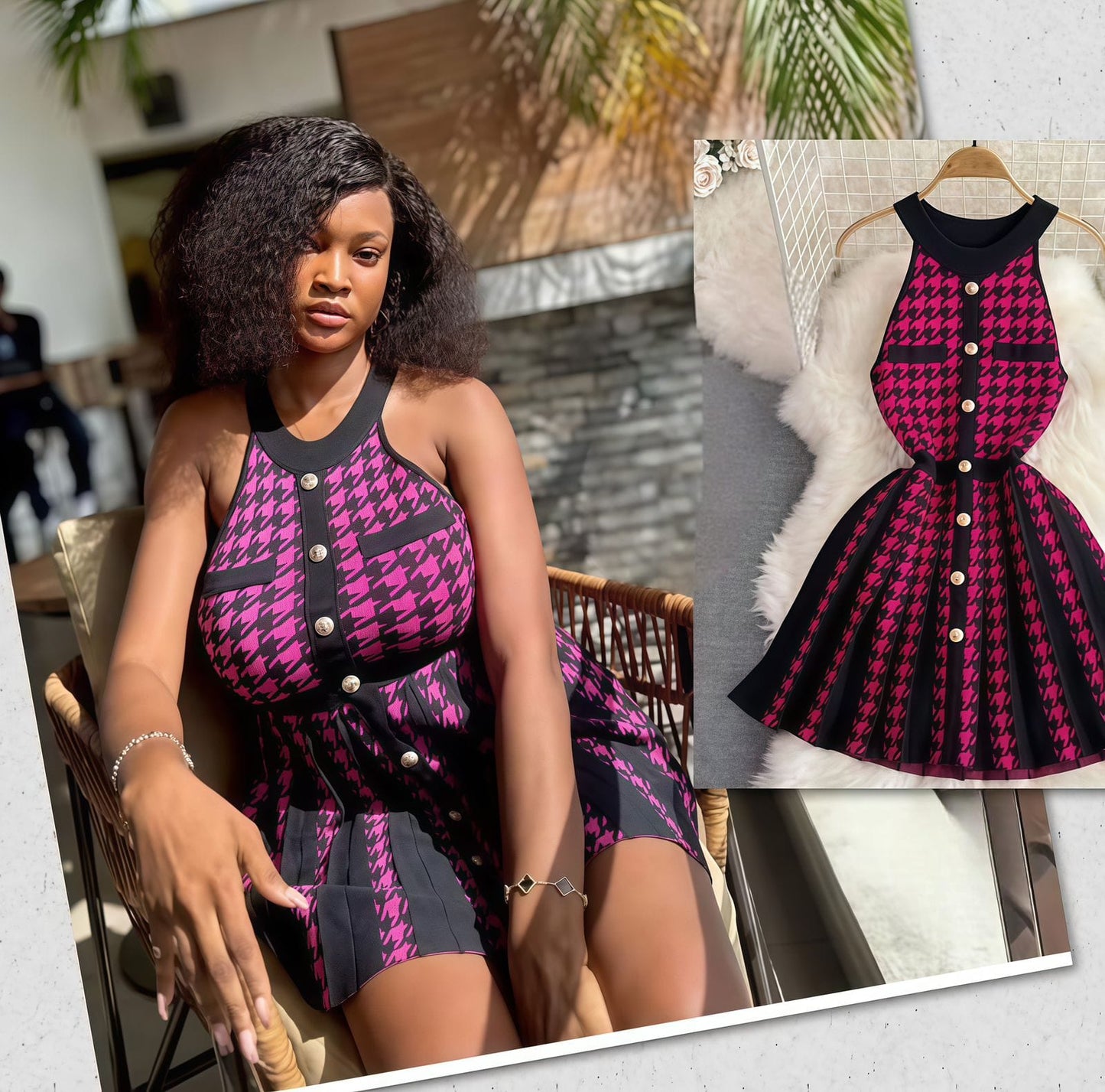 pink black houndstooth knit dress
