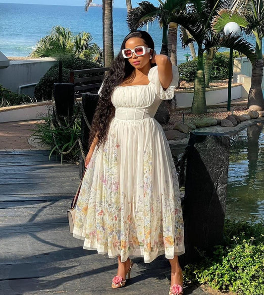 Puff sleeve floral A lined dress