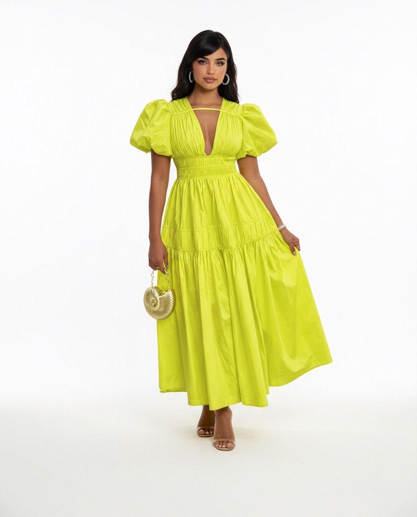open front with elastic for you figure little balloon shoulders dress