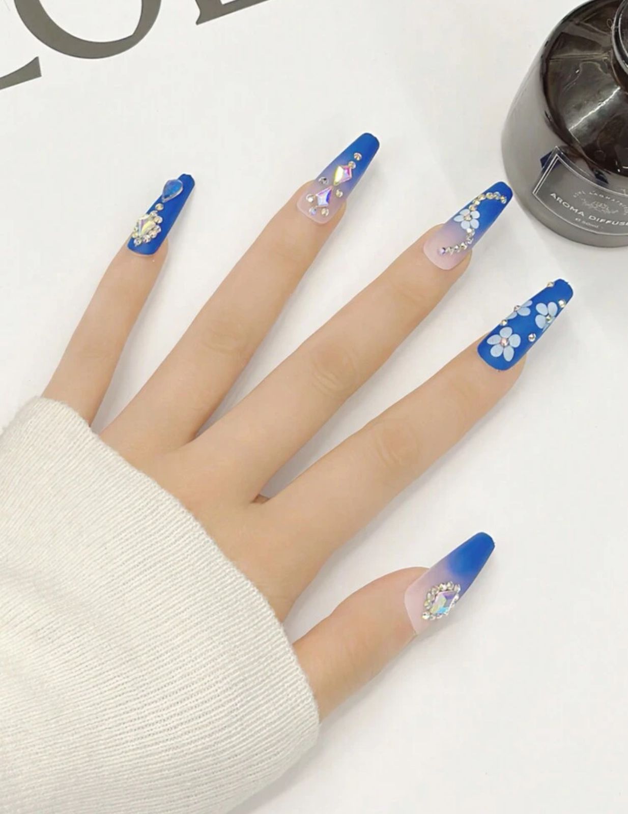 Coffin shape blue rhinestone 24pcs nails