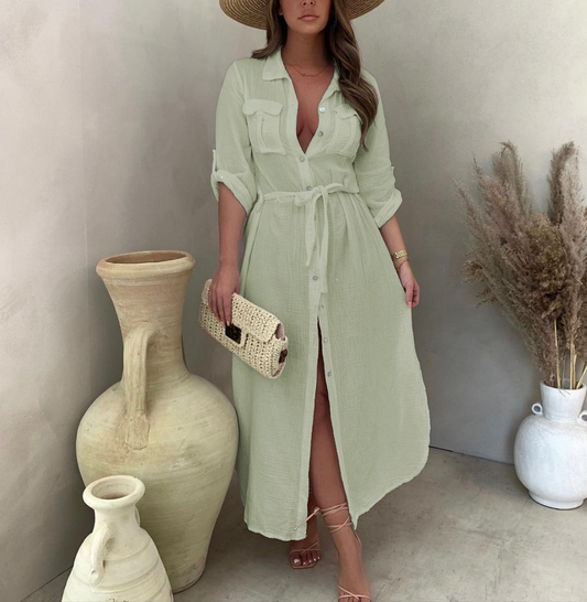 pocket style button down tie dress