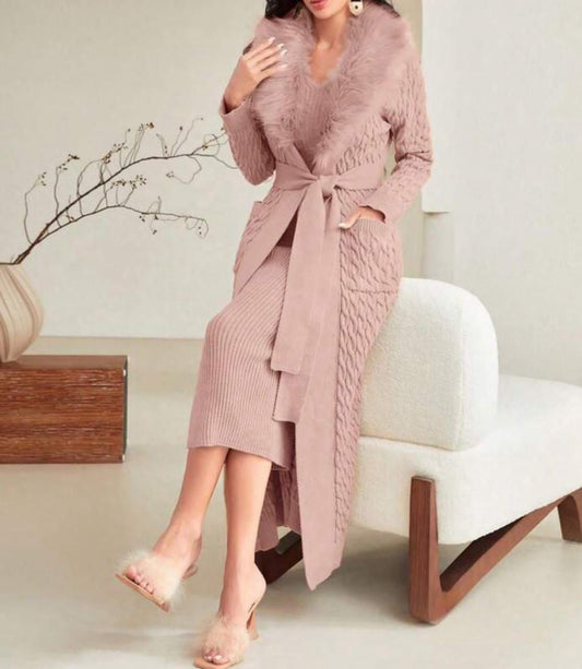 fur cardigan and sleeveless bodycon dress set