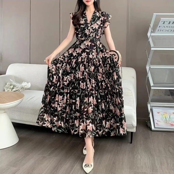 Chiffon belted floral dress