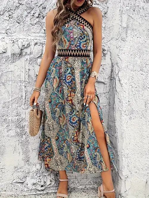 Paisley Print Crisscross Backless Halter Dress