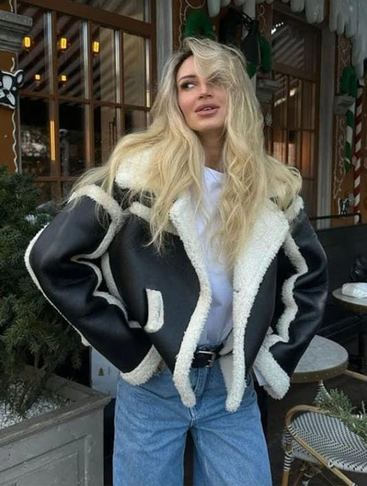 crop leather fluff jacket