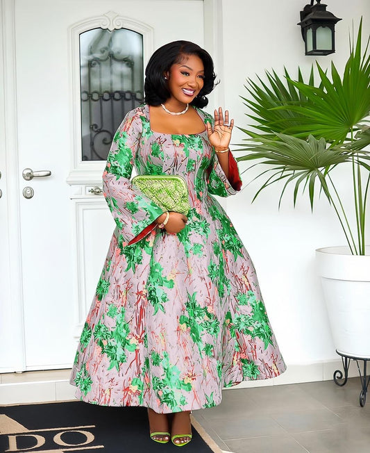 silver grey and green floral dress