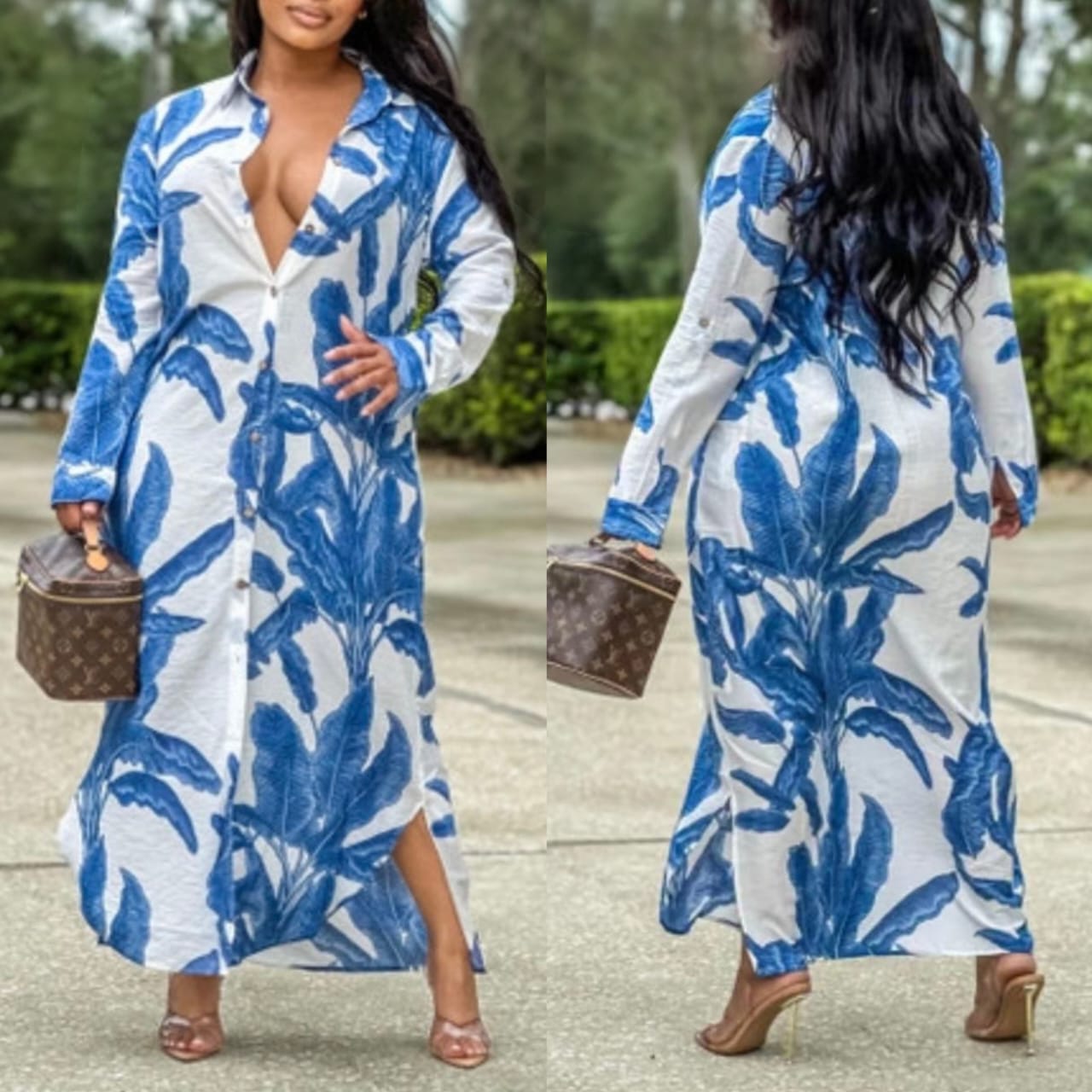 Blue leaf shirt dress