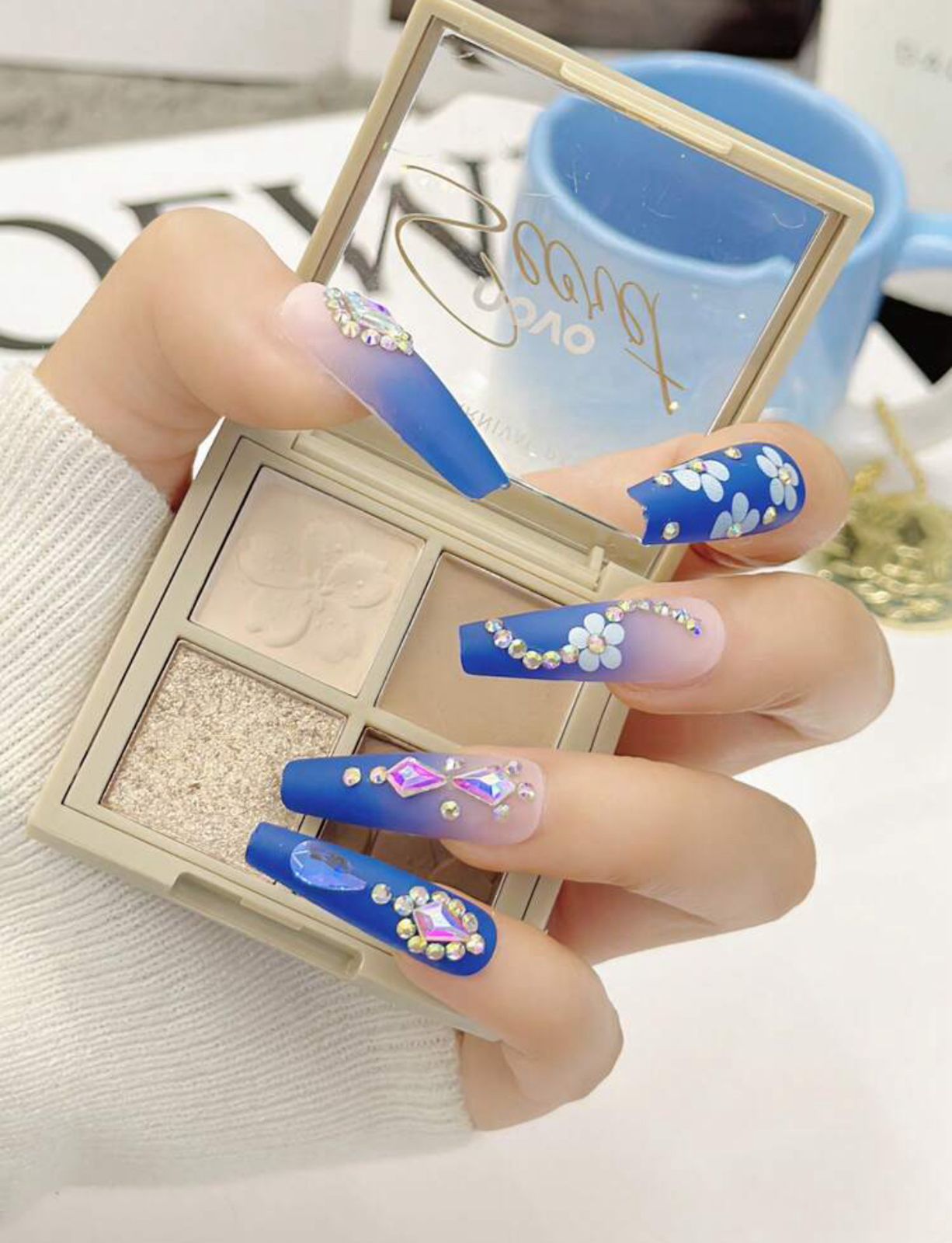 Coffin shape blue rhinestone 24pcs nails