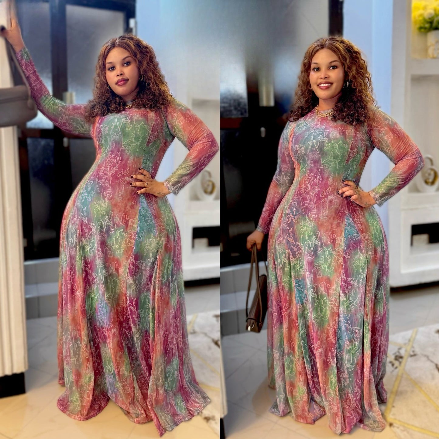Long sleeves colorful dress