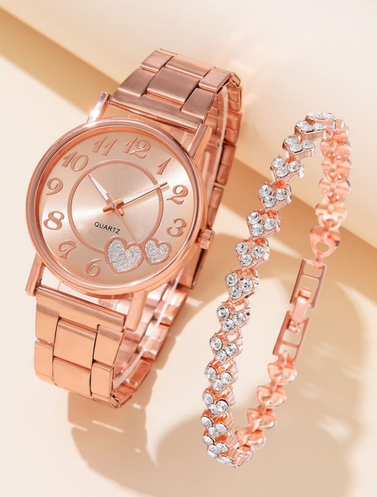 1pc Heart Detail Dial Quartz Watch & 1pc Bracelet Holiday Ladies Watch Rose Gold Double Heart Digital Dial Watch Rhinestone Bracelet Zinc Alloy