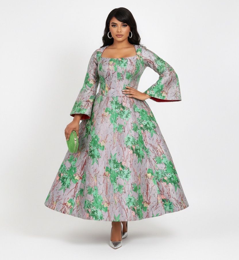 silver grey and green floral dress
