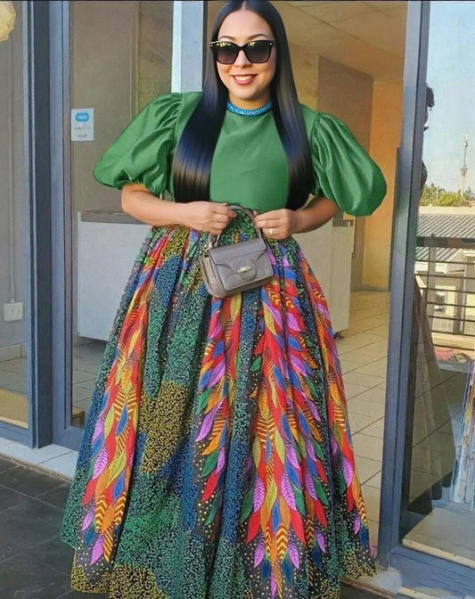 green feather insp maxi dress