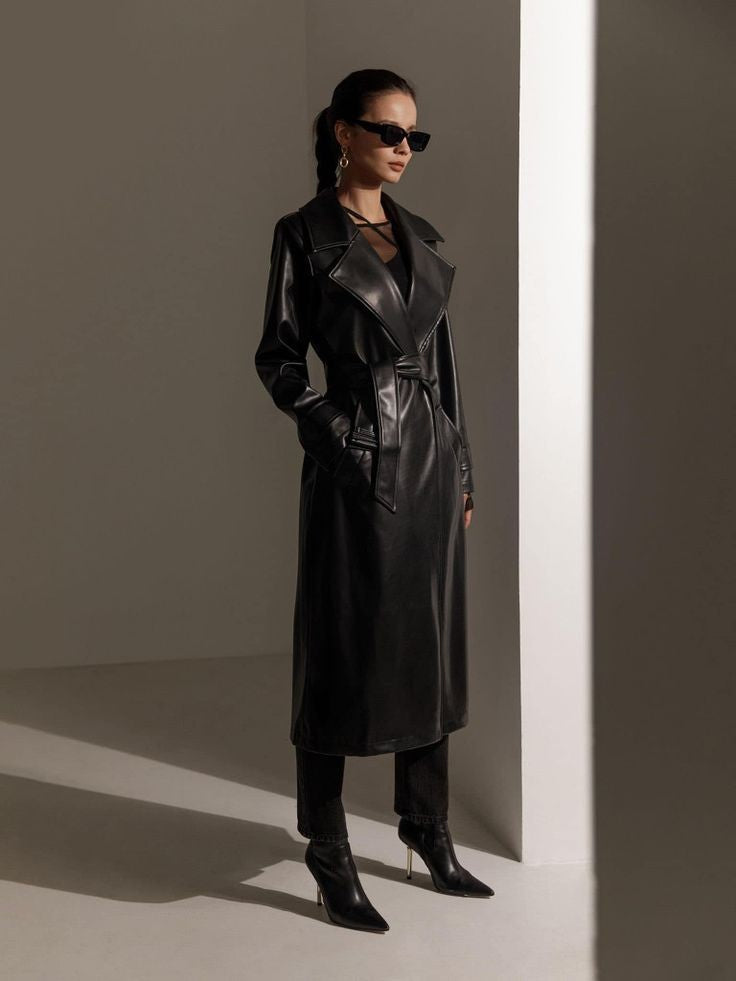 Long belted leather jacket – ClothingCo