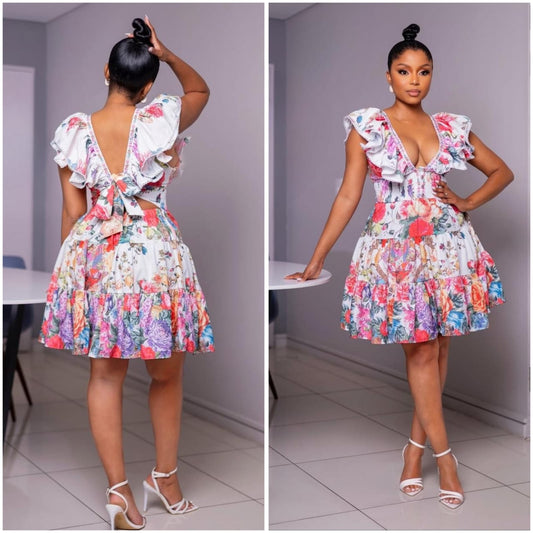 Floral Deep V white midi dress
