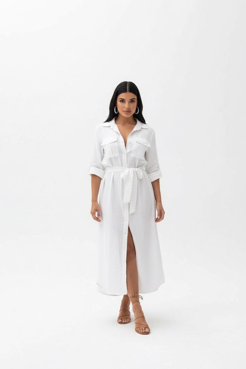 pocket style button down tie dress